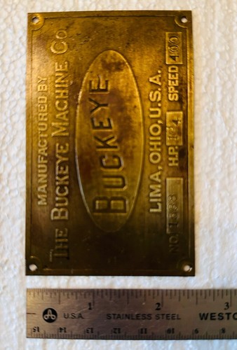 Brass Tag Name Plate 134HP THE BUCKEYE MACHINE CO. Lima, Ohio No. 1538 - Afbeelding 2 van 7