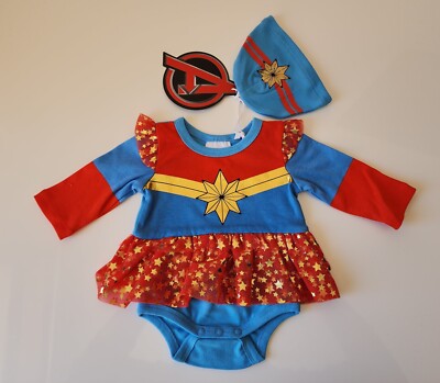 Captain Marvel Costume Baby Girls Long Sleeve Bodysuit Dress Beanie Size  00 Australia