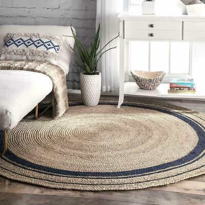 Rug Round Beige & Black Line Reversible Braided Decor Area Floors Carpet Rug Rag