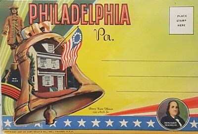 Vintage ''PHILADELPHIA'' Betsy Ross House USA 18 Ansichten 1930er Farb-BRIEFKARTE