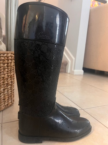Gucci GG Monogram Rain Boots Rubber Wellington Boots Black Women Size 38 - Picture 6 of 6
