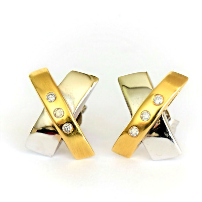 Yellow and White 18K Gold Fine White Diamond Earrings Boxed Valuation $2502 NEW