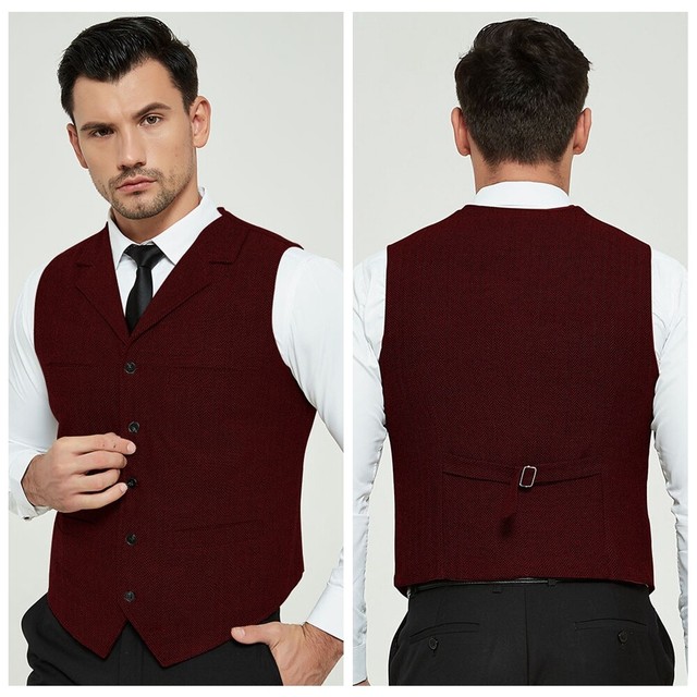 Mens Retro Wool Tweed Herringbone Vest Lapel Waistcoat Gilet Suit