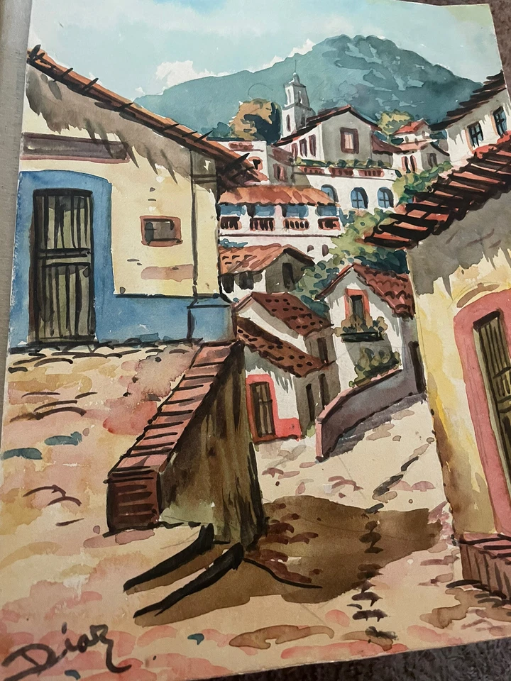 Acuarela Colonial Española Original Díaz Vintage México Estate Set Foto 3 de 4