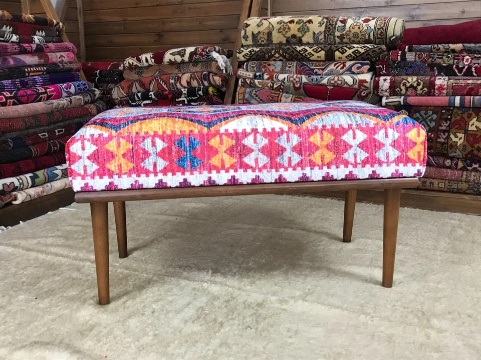 Handmade Kilim Upholstered Ottoman Footstool Piano Entryway Bedroom Bench - Image 2 of 4