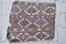 Tappeto caucasico 19''x16'' +100 età ANTICO frammento Sumak Kilim 50x43 cm