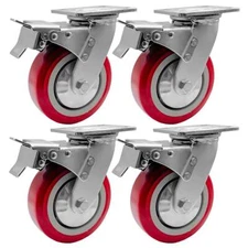 4 Pack 6" Heavy Duty Caster Wheel Swivel Plate Maroon PU With Brake Wheels