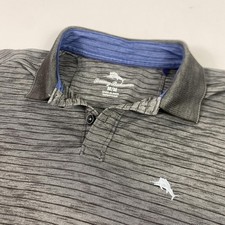 Tommy Bahama Polo Shirt Mens Medium Gray Black Striped Marlin Logo Golf Casual