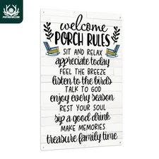 Vintage Porch Rules Metal Tin Sign Rustic Welcome Wall Art with 8x12