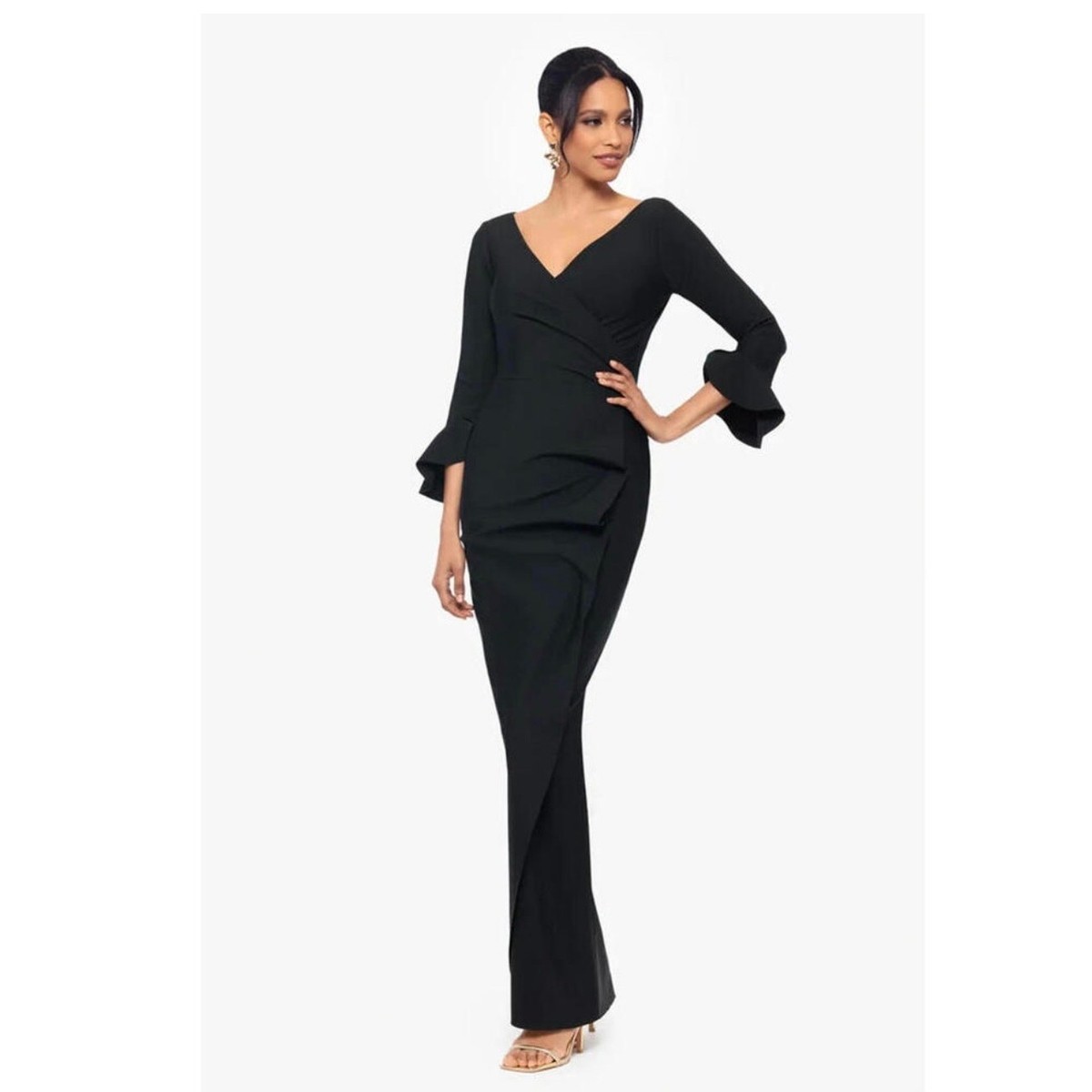 Betsy Adam Black V-Neck Ruffle Sleeve Gown - Size 0 | eBay