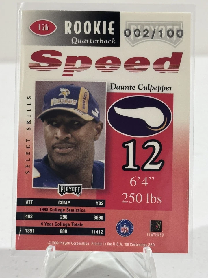 1999 Playoff Contenders ~ DAUNTE CULPEPPER ~ Red Speed RC Auto #'d /100 🔥 - Image 2 of 4