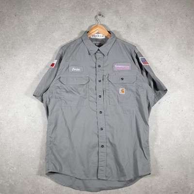 Vintage Carharrt Workwear USA Kurzarm Hemd mit Knöpfen Herren Large Grau