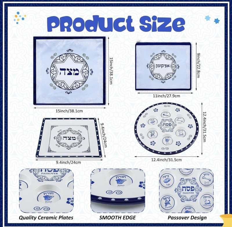 Passover Seder Ceramic Plate Set 12.4in/15in/11in w/ Matzah Cover Bag