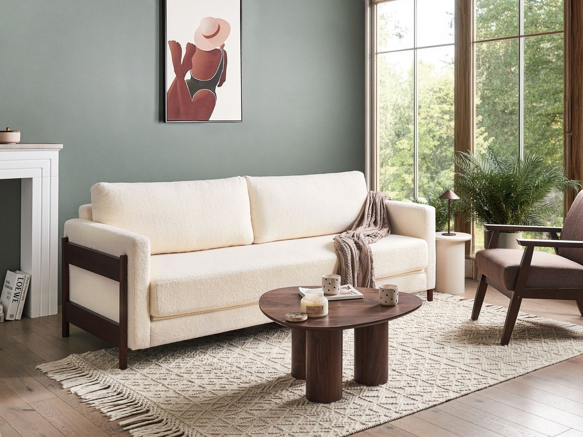 Divano letto in tessuto bianco e legno di betulla gambe marrone