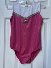 Gymnastics Pink White Leotard Foil Embellished Cross Cross Back Sz 10A 8-10 EUC