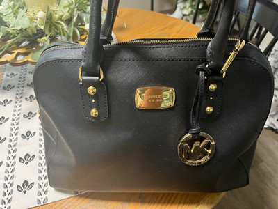 Michael Kors Black Satchel Top Handle Bag Gold Hardware Zip Closure Charm