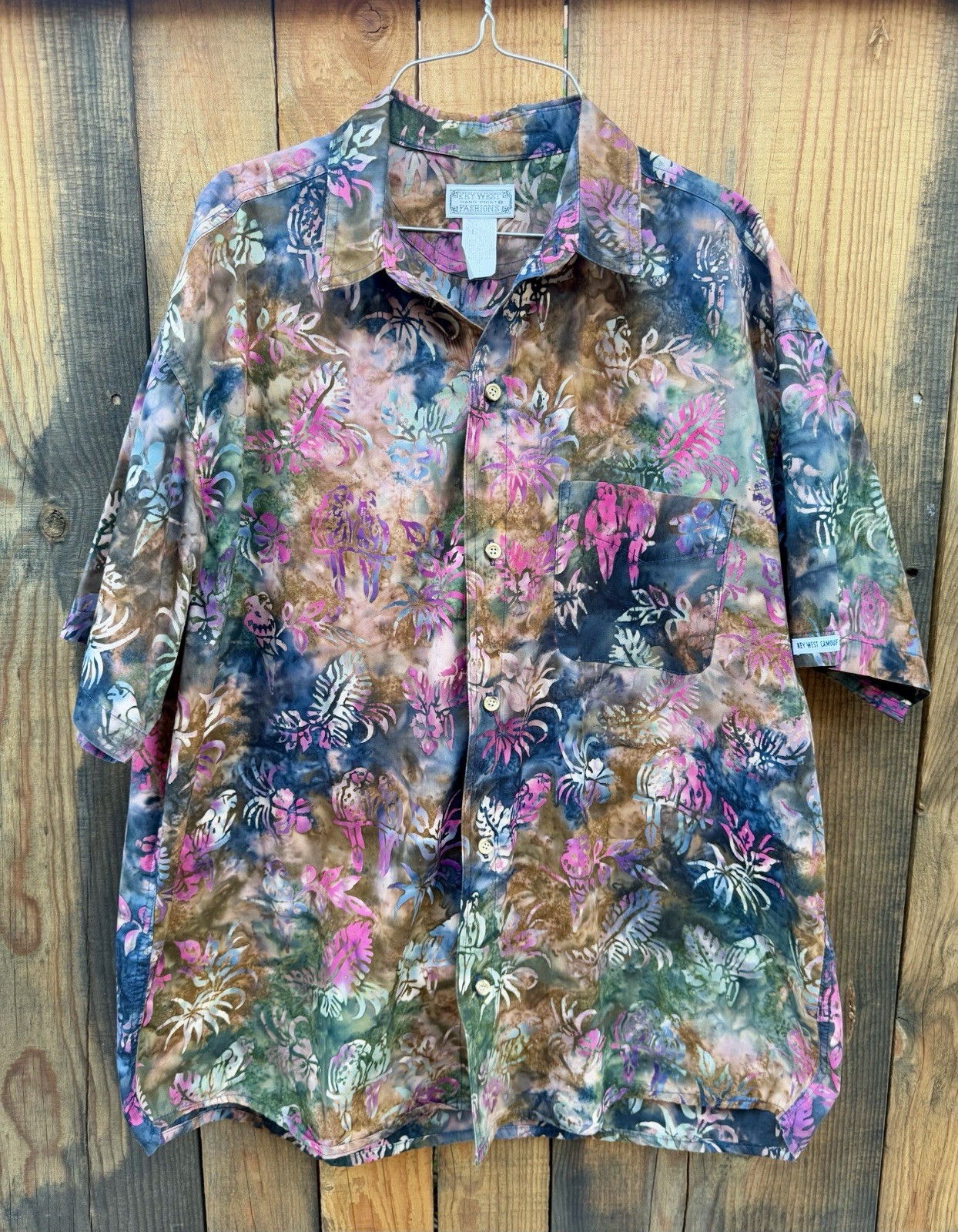 VTG Key West Birds Hand Print Fashions Key West Camouflage Bird Shirt Mens L