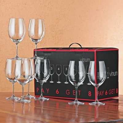 New 8 Riedel Vinum Wine Glasses for Bordeaux (red), Sangiovese, Cabernet Franc.