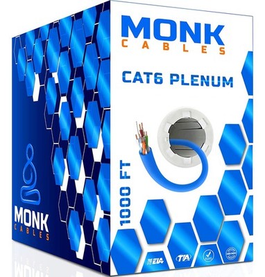 MONK CABLES | CAT6 Plenum Cable 1000ft | UTP, 23AWG, 550MHz | 1000 feet, Blue