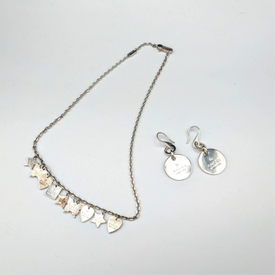 Gucci Brand Sterling Silver Charm Necklace & Disk Earrings