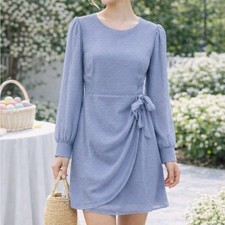 Lulus Women's Blue Embroidered Polka Dot Long Sleeve Wrap Mini Dress Small