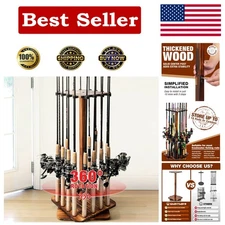 Durable Wood Fishing Pole Rack - 18-Rod Organizer with Smooth 360° Rotation