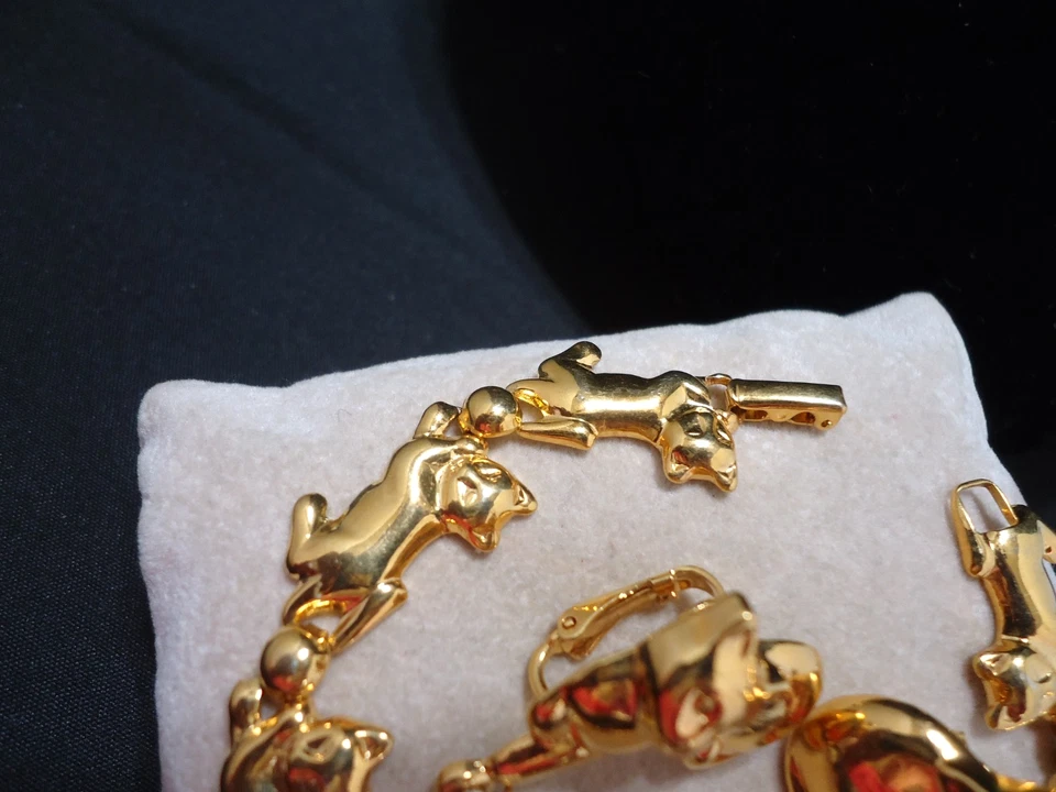 Juego de pulsera y pendientes vintage de gato gatito tono dorado Foto 4 de 4