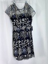 NWT Adrianna Papell Ethereal Fit Flare Dress 16 Black Blue Floral Embroidered