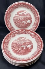 5 VTG 1940-56 HOMER LAUGHLIN CURRIER IVES RED SOUP BOWL FOX HUNTING FULL CRY 8"