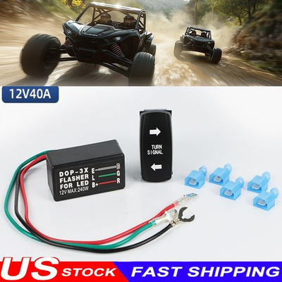 #ad 4 Pin Car ATV UTV Turn Signal Rocker Switch with Flasher Green LED On Off On Kit $12.97