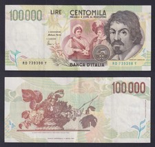 Banknote Italy 100000 Lire Caravaggio 2Nd Type 1997 P.-117B BB+/VF+