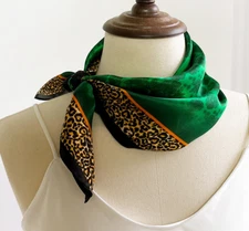 100% Silk 20" square Scarf Women neckerchief Wrap floral green yellow brown WS85