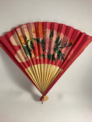 Vintage Chinese Flowered Folding Fan  Paper Wood Souvenir Collectible