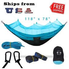Double Outdoor Parachute Nylon Hammock with Mosquito Net Aqua Blue - XLarge