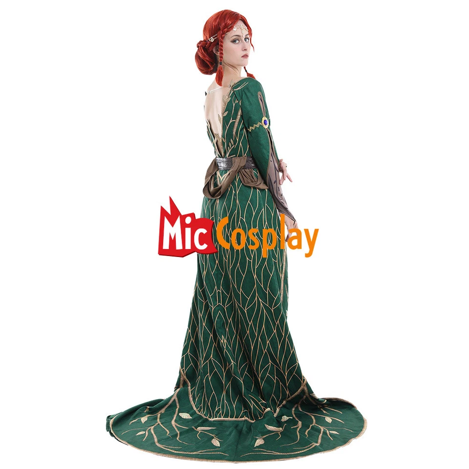 Disfraz de bruja Triss para mujer verde vestido largo túnica profunda en V conjunto  Foto 3 de 4