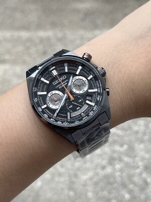 New! Seiko SSB399P1 Chronograph Tachymeter Black Dial Black Steel Watch for Men