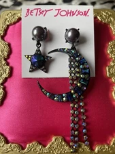 Betsey Johnson Dark Magic Black Pearl Crescent Moon Star Blue Mismatch Earrings