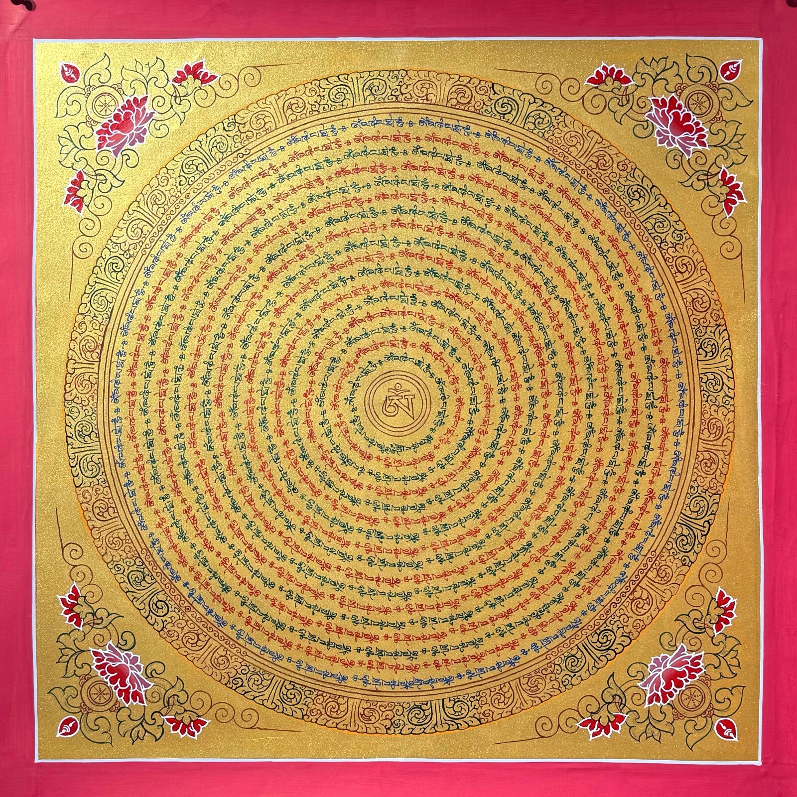 Full Gold Om Mantra Mandala Thangka Painting on Cotton Canvas