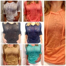 SEXY BURNOUT TRI BLEND LONG HALF SLEEVE HOODIE PULLOVER SHIRT LOUNGE WORKOUT TOP