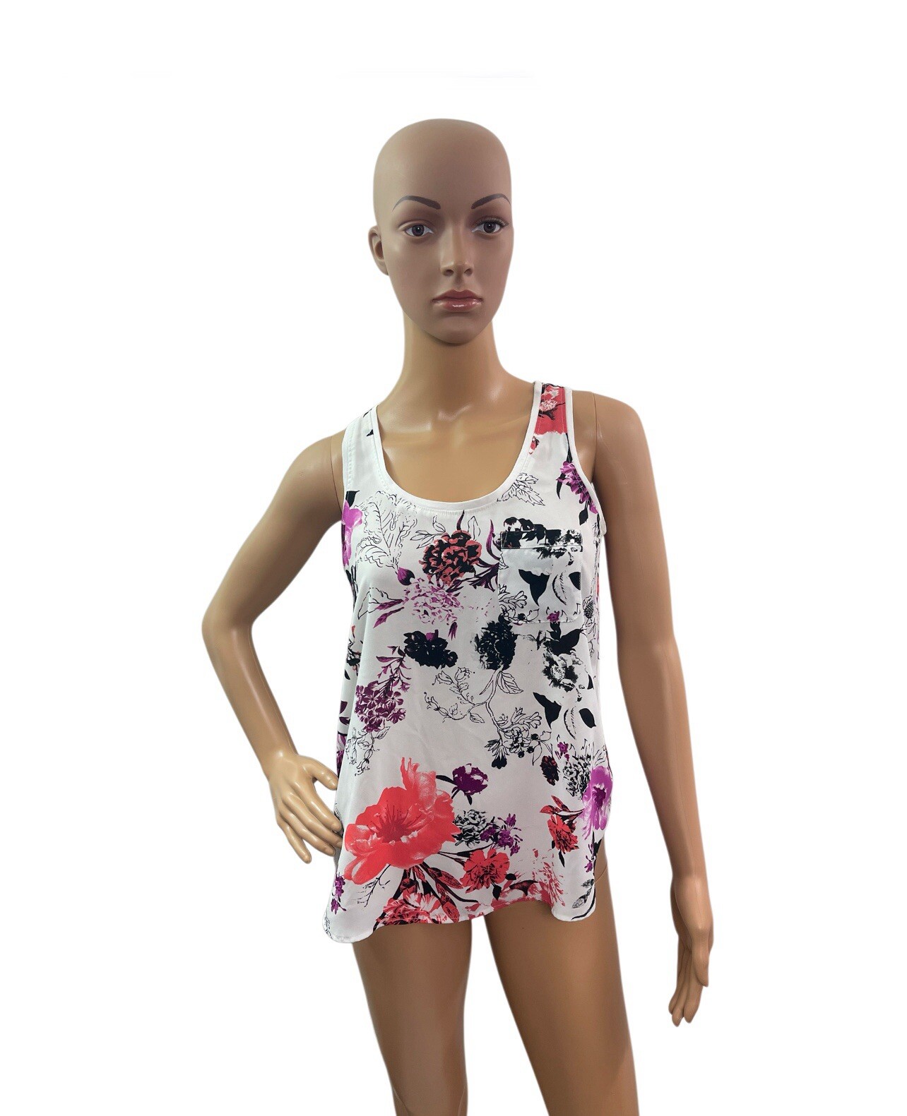 Loft Women’s Size SP Sleeveless Round Neck White Floral Blouse