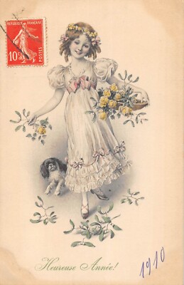 Old postcard illustrator / m.m.vienne / dog and girl / happy year