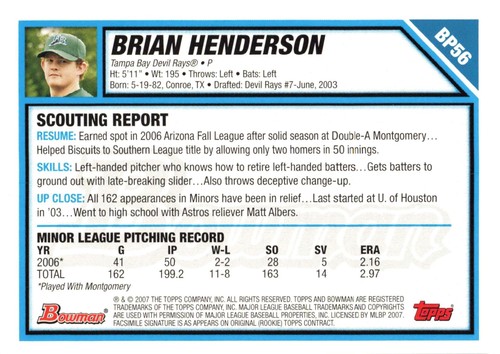 Brian Henderson 2007 Bowman #BP56 Tampa Bay Devil Rays Baseball - Picture 2 of 2