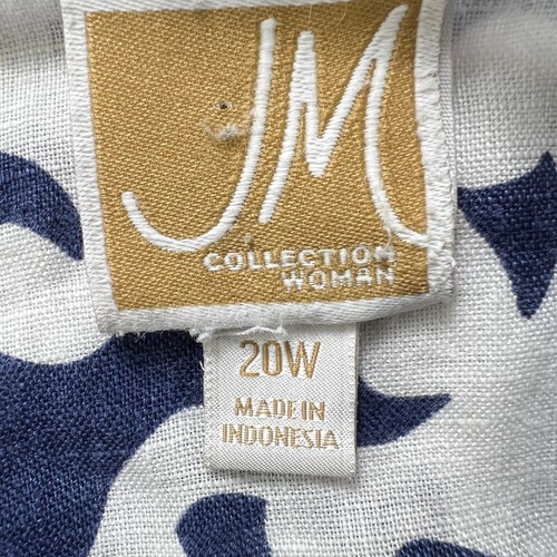 JM Collection Linen Blouse 20W Blue White Scroll Print Button Front Roll Tab - Picture 4 of 9