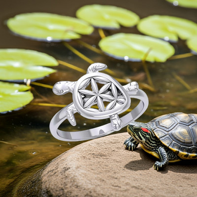 Schildkröte mit Blume des Lebens Muschel Harmonie Schutz Sterlingsilber Ring, Größe 6