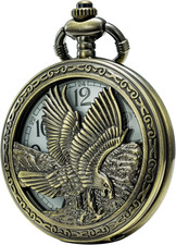 Japan Quartz Movement Pocket Watch with Double Chain Metal  Leather  Eagle 