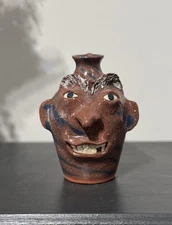 ‘98 Richard Kale - Folk Art Face Jug 6.0” Blue Swirl Catawba Valley NC Pottery
