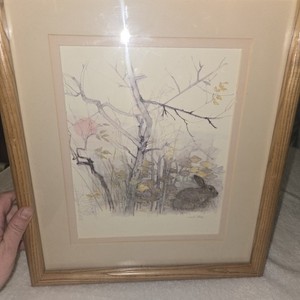 Vtg Mads Stage Signed Litho Denmark Hare/Bunny/Rabbit & Oak Tree Matted Framed