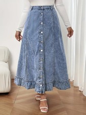 Plus Size Ruffled Hem Maxi Denim Skirt - Blue