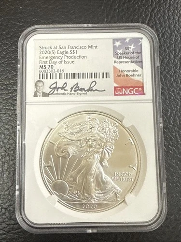 2020-S - SILVER EAGLE NGC MS70 EMERGENCY ISSUE FDOI John Boehner signed