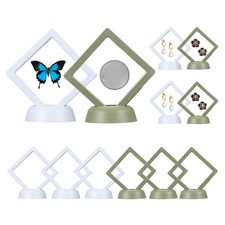 12Pcs 2.8x2.8" 3D Floating Frame Display Stand, PE Film with Base, White Green